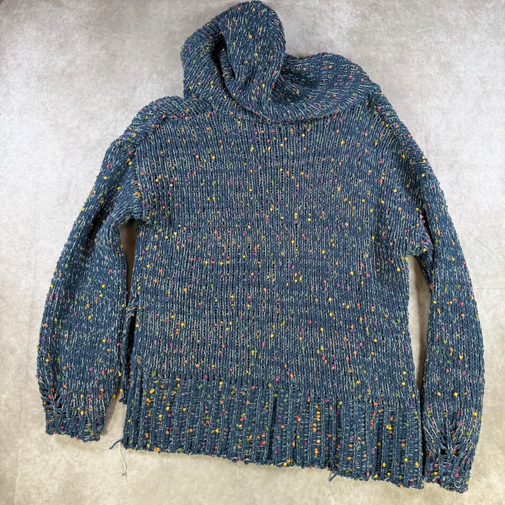 POL Knit Hoodie Women Medium Blue Confetti PomPom Chunky Colorful Boho Pullover - Picture 3 of 9